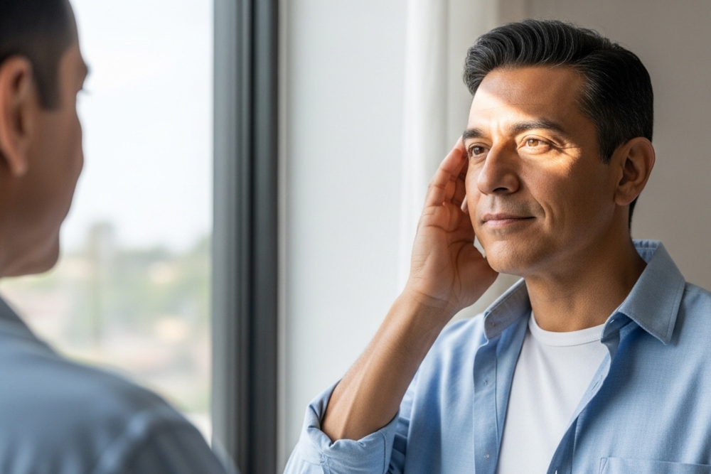 man examining his face in a mirror